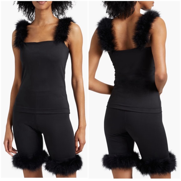 SLEEPER Women’s Size XS Black Feather-Trimmed Jersey Pajama Set
